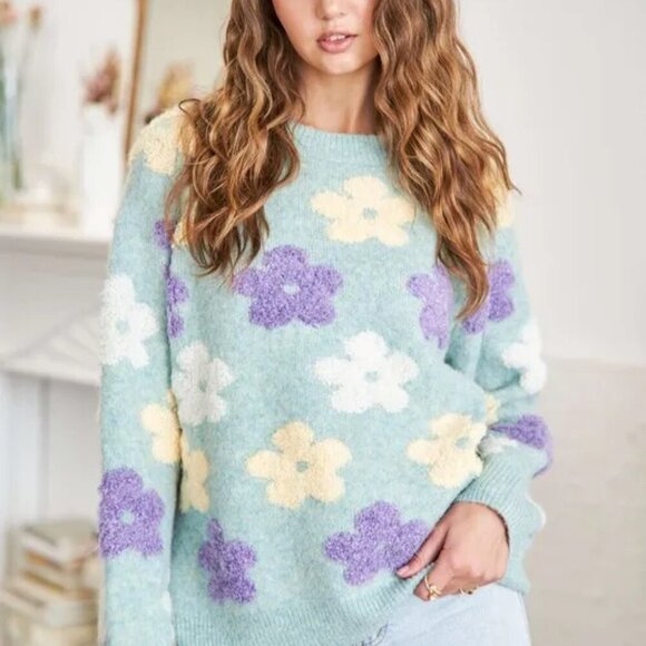 ADORA Full Size Floral Popped 2-Tone Sweater Top Plus Size‎ - Picture 7 of 16
